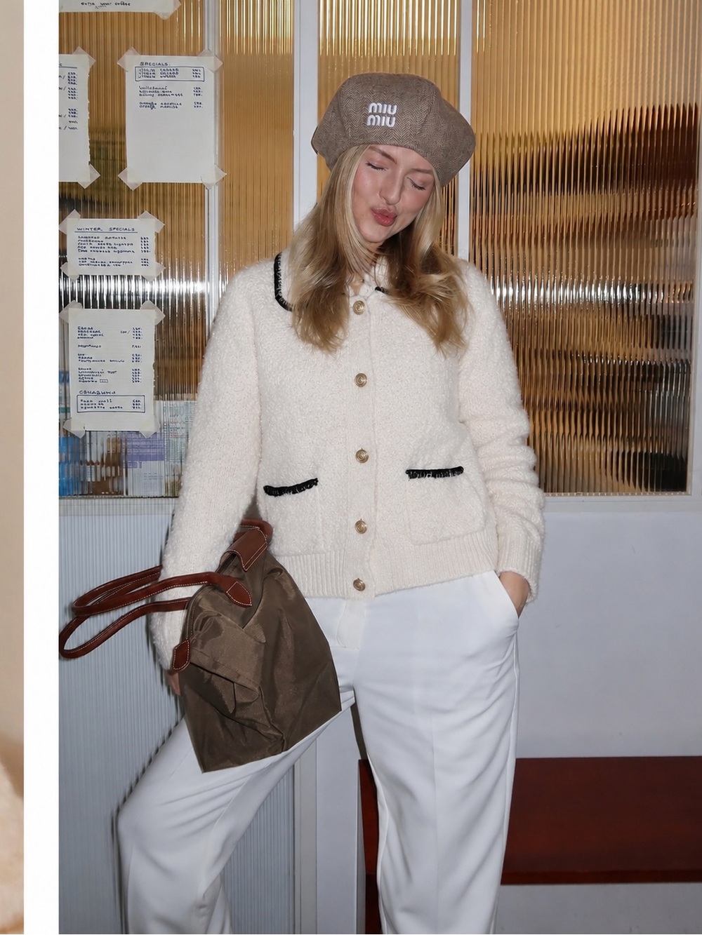 MANGO Bouclé Knit Cardigan XL Cream Black Trim Gold Button Chanel Style